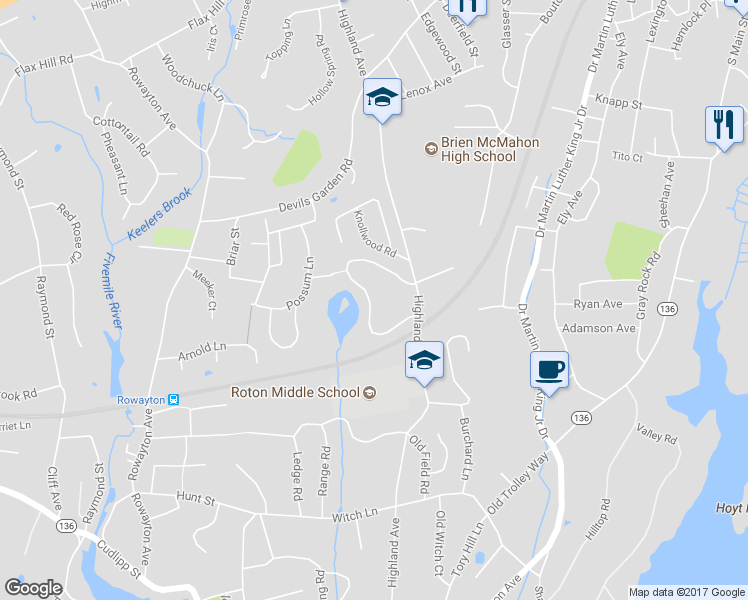 map of restaurants, bars, coffee shops, grocery stores, and more near 101 Rowayton Woods Drive in Norwalk