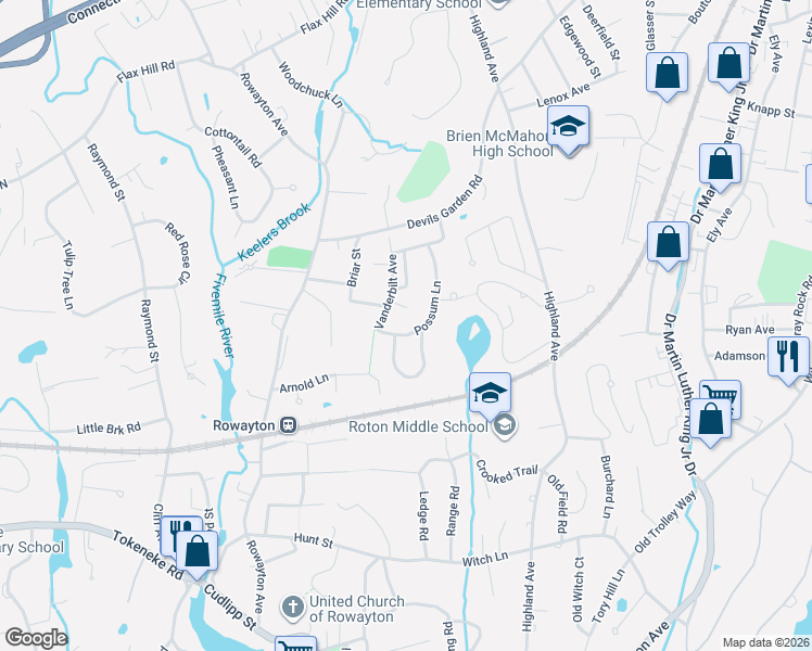 map of restaurants, bars, coffee shops, grocery stores, and more near 28 Possum Lane in Norwalk