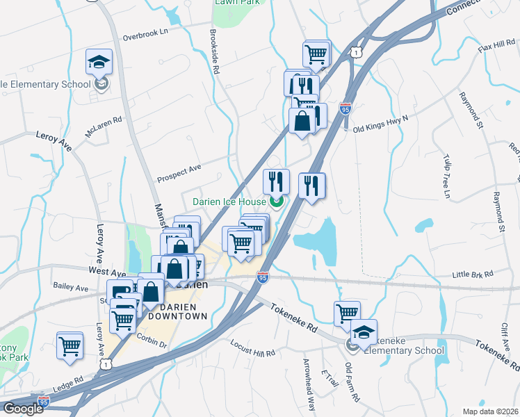 map of restaurants, bars, coffee shops, grocery stores, and more near 53 Old Kings Highway North in Darien