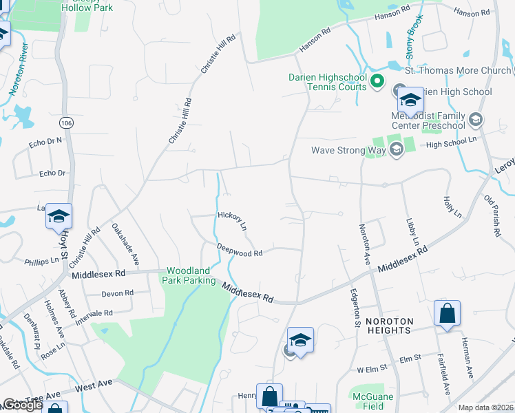 map of restaurants, bars, coffee shops, grocery stores, and more near 26 Wildwood Lane in Darien