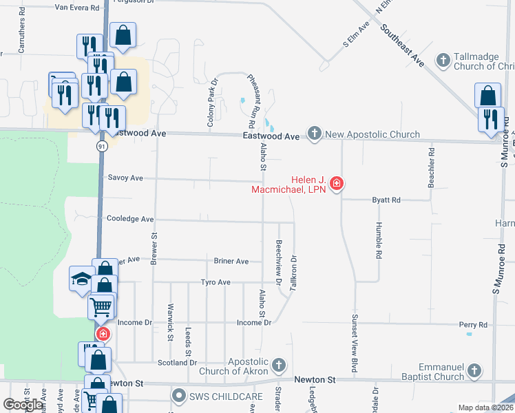 map of restaurants, bars, coffee shops, grocery stores, and more near 626 Alaho Street in Akron