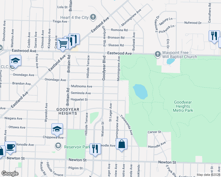map of restaurants, bars, coffee shops, grocery stores, and more near 1621 Seminola Avenue in Akron
