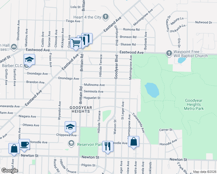 map of restaurants, bars, coffee shops, grocery stores, and more near 1539 Seminola Avenue in Akron