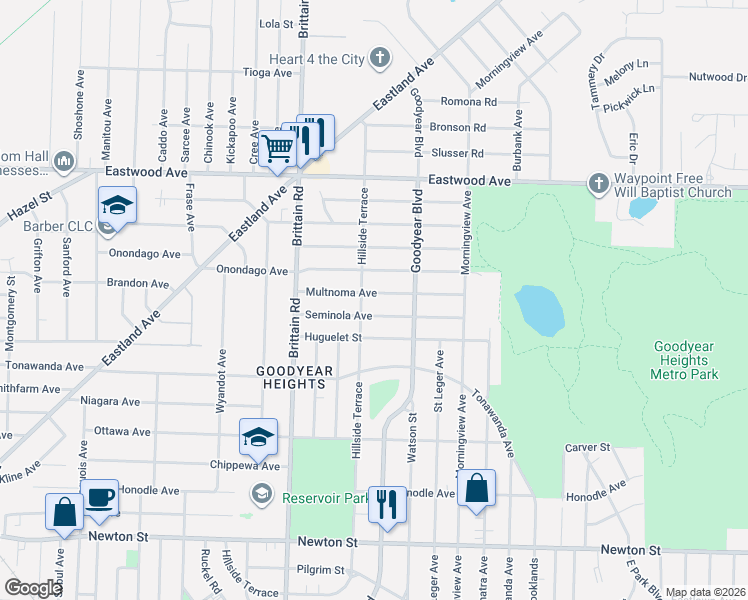 map of restaurants, bars, coffee shops, grocery stores, and more near 1539 Seminola Avenue in Akron