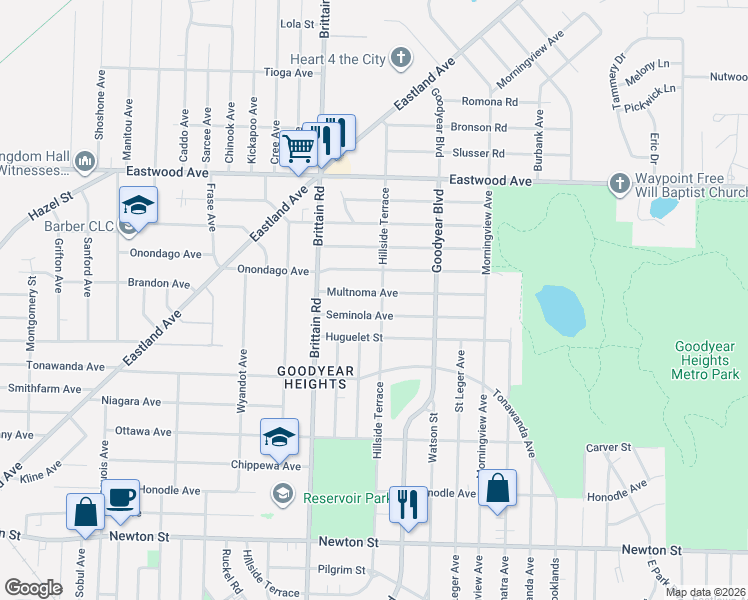 map of restaurants, bars, coffee shops, grocery stores, and more near 1495 Seminola Avenue in Akron