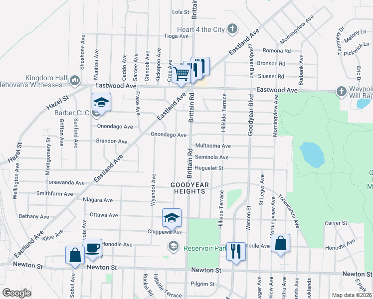 map of restaurants, bars, coffee shops, grocery stores, and more near 661 Mohawk Avenue in Akron