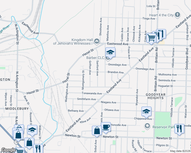 map of restaurants, bars, coffee shops, grocery stores, and more near 603 Sanford Avenue in Akron