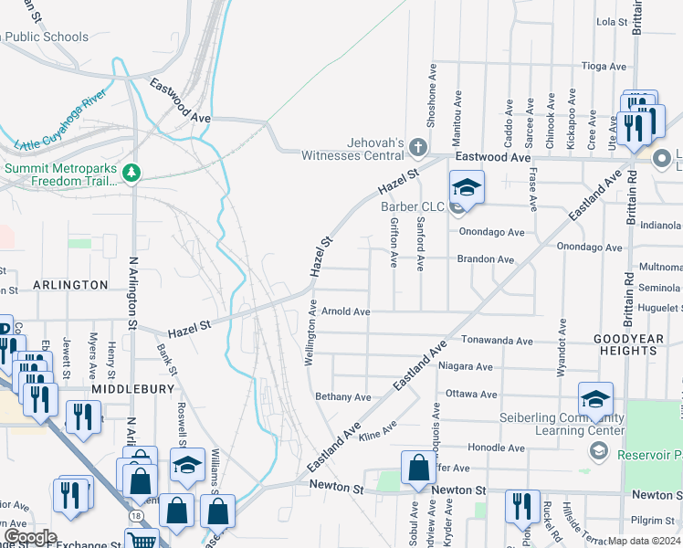 map of restaurants, bars, coffee shops, grocery stores, and more near 1141 Kinzie Avenue in Akron