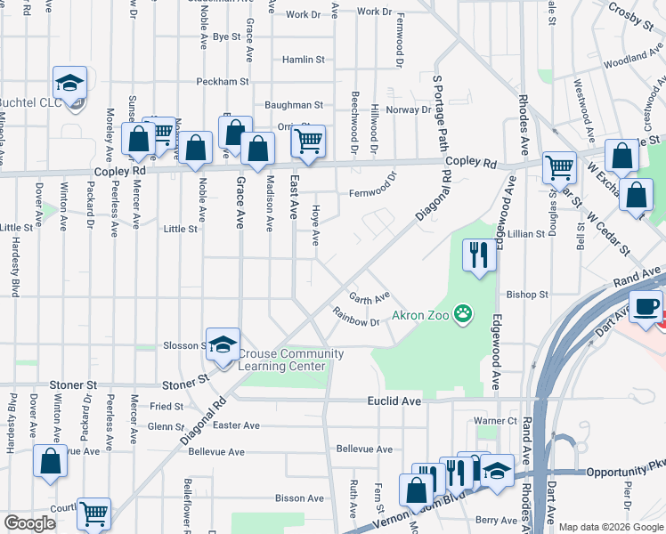 map of restaurants, bars, coffee shops, grocery stores, and more near 727 Garth Avenue in Akron