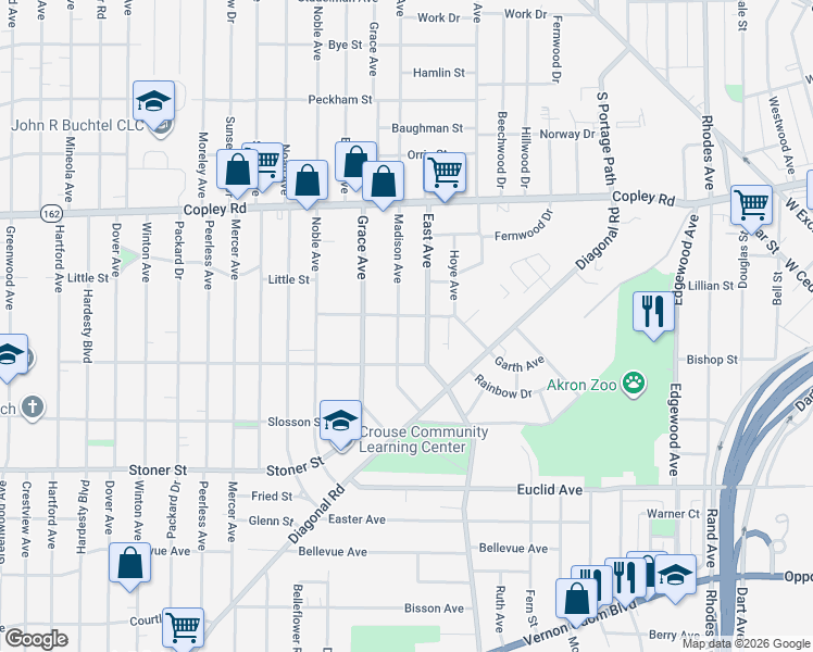 map of restaurants, bars, coffee shops, grocery stores, and more near 643 Madison Avenue in Akron