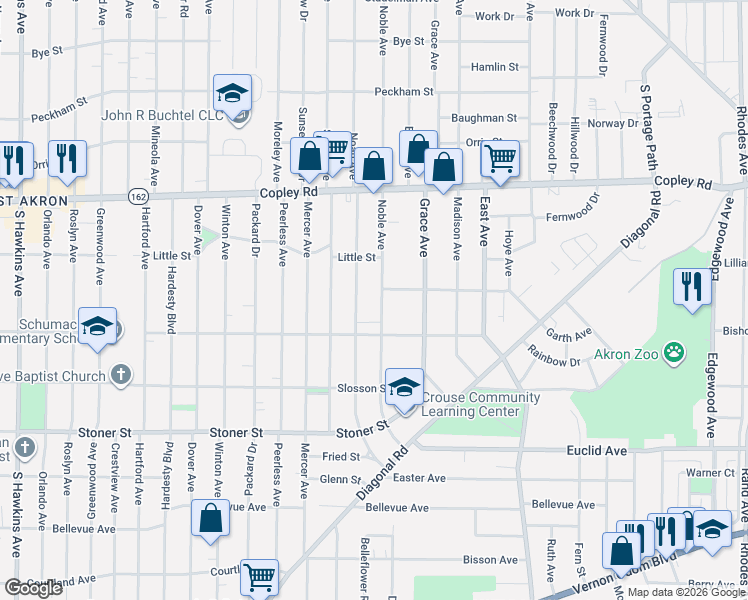 map of restaurants, bars, coffee shops, grocery stores, and more near 621 Noah Avenue in Akron