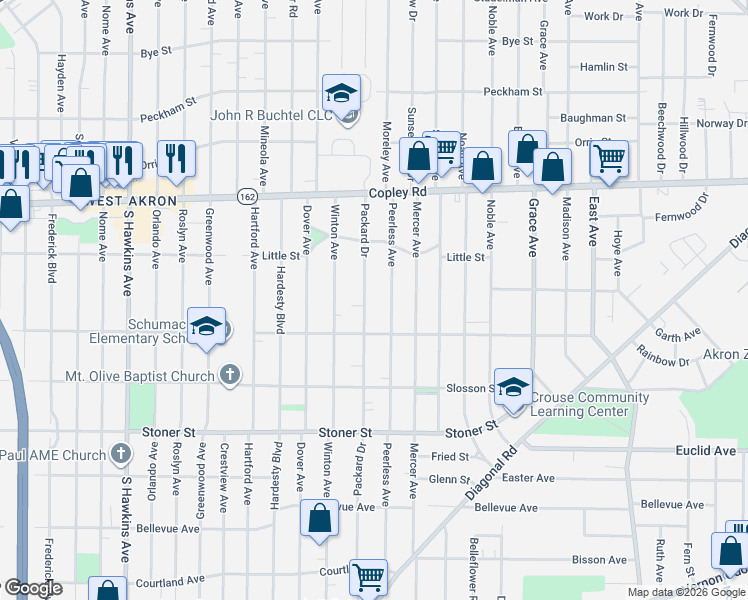 map of restaurants, bars, coffee shops, grocery stores, and more near 882 Packard Drive in Akron