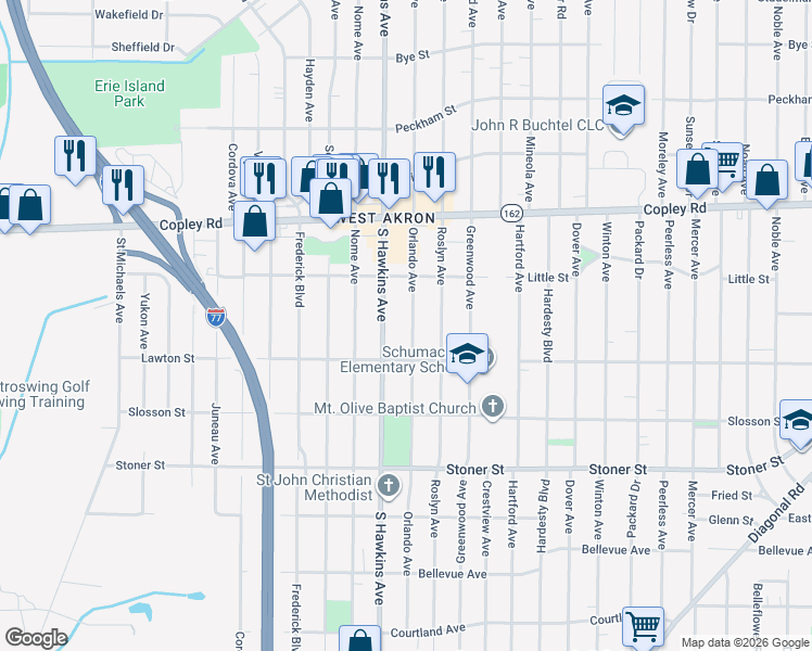 map of restaurants, bars, coffee shops, grocery stores, and more near 1120 Orlando Avenue in Akron