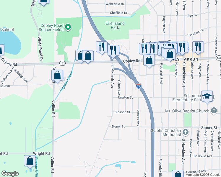 map of restaurants, bars, coffee shops, grocery stores, and more near 1120 Saint Michaels Avenue in Akron