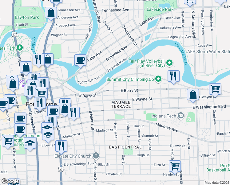 map of restaurants, bars, coffee shops, grocery stores, and more near 814 Harmar Street in Fort Wayne