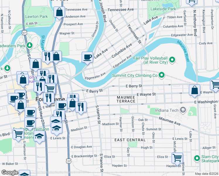 map of restaurants, bars, coffee shops, grocery stores, and more near 808 Francis Street in Fort Wayne
