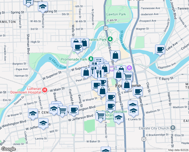 map of restaurants, bars, coffee shops, grocery stores, and more near 619 South Harrison Street in Fort Wayne