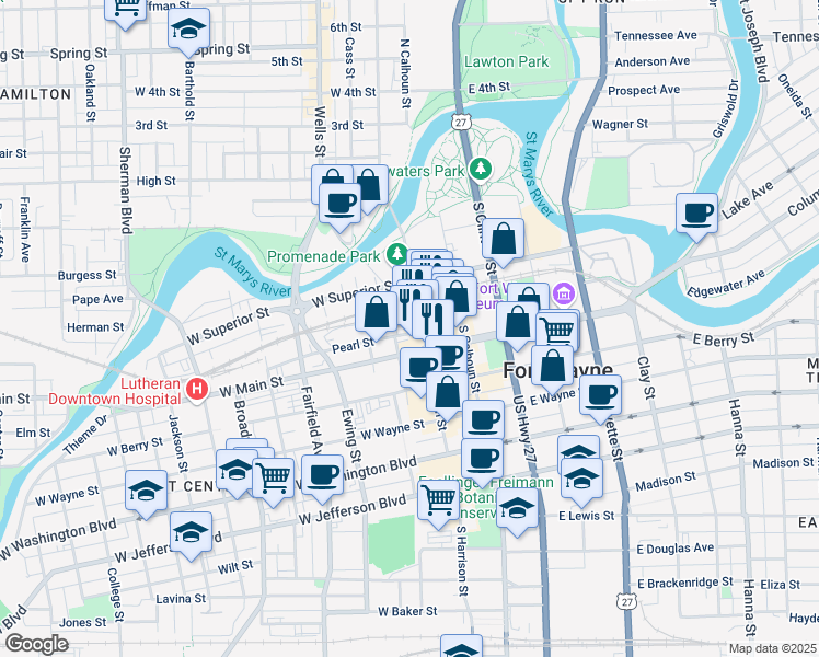 map of restaurants, bars, coffee shops, grocery stores, and more near 619 South Harrison Street in Fort Wayne