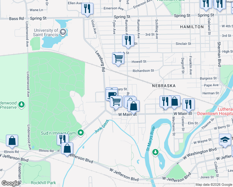map of restaurants, bars, coffee shops, grocery stores, and more near 1830 Link Street in Fort Wayne
