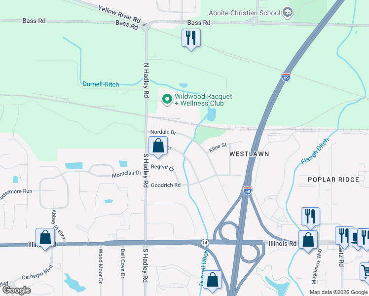 map of restaurants, bars, coffee shops, grocery stores, and more near 301 Blake Drive in Fort Wayne