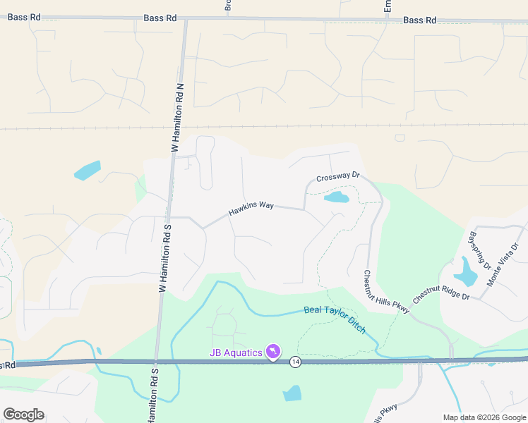 map of restaurants, bars, coffee shops, grocery stores, and more near 12223 Hawkins Way in Fort Wayne