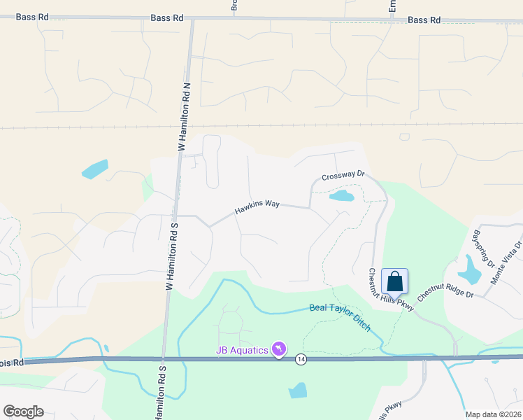 map of restaurants, bars, coffee shops, grocery stores, and more near 12315 Hawkins Way in Fort Wayne