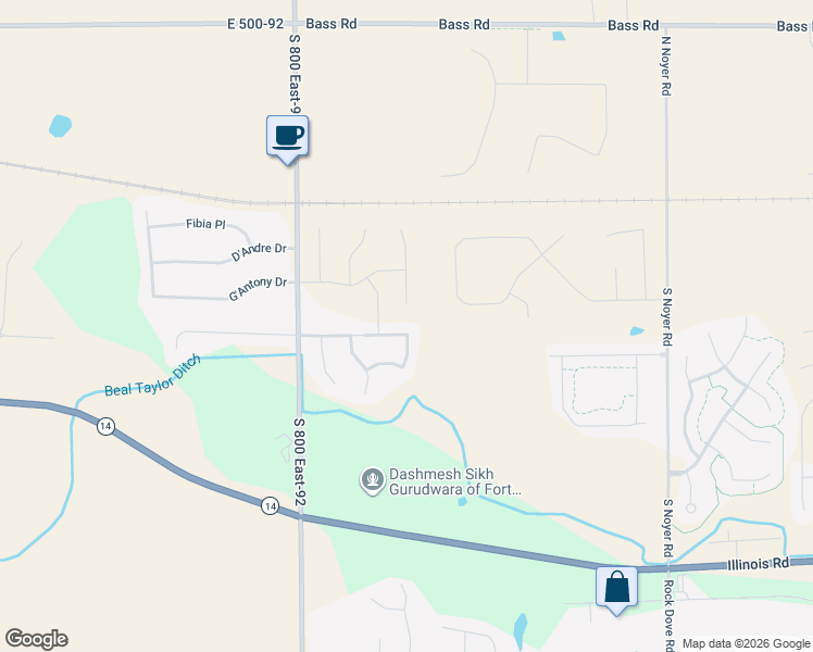 map of restaurants, bars, coffee shops, grocery stores, and more near Whitaker Dr in Fort Wayne