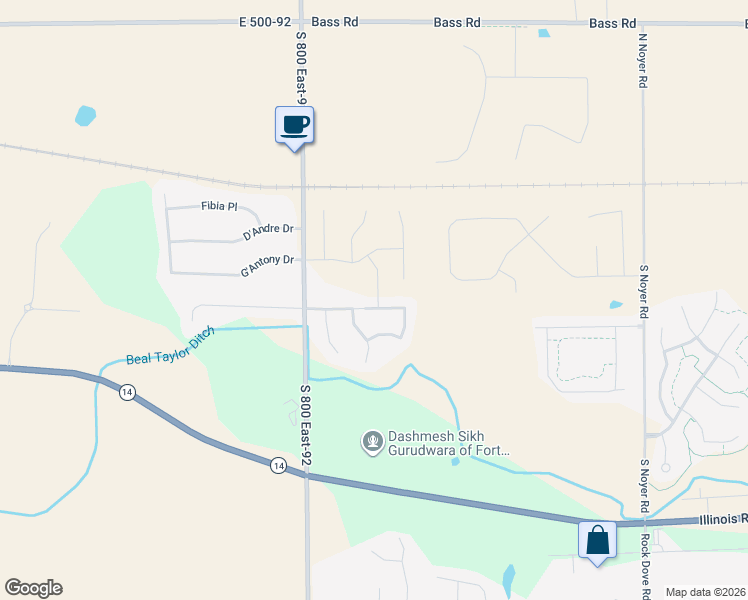 map of restaurants, bars, coffee shops, grocery stores, and more near 15058 Cypress Pointe Drive in Fort Wayne