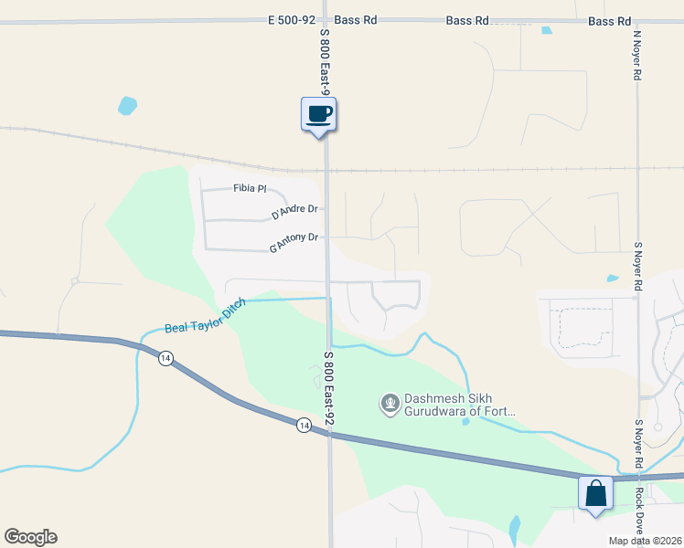 map of restaurants, bars, coffee shops, grocery stores, and more near Cypress Pointe Drive in Fort Wayne