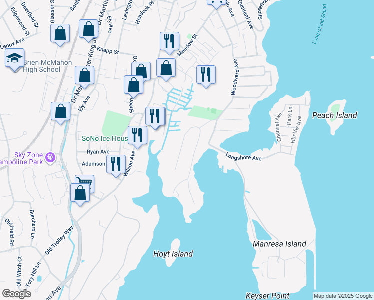 map of restaurants, bars, coffee shops, grocery stores, and more near 21 Splitrock Road in Norwalk
