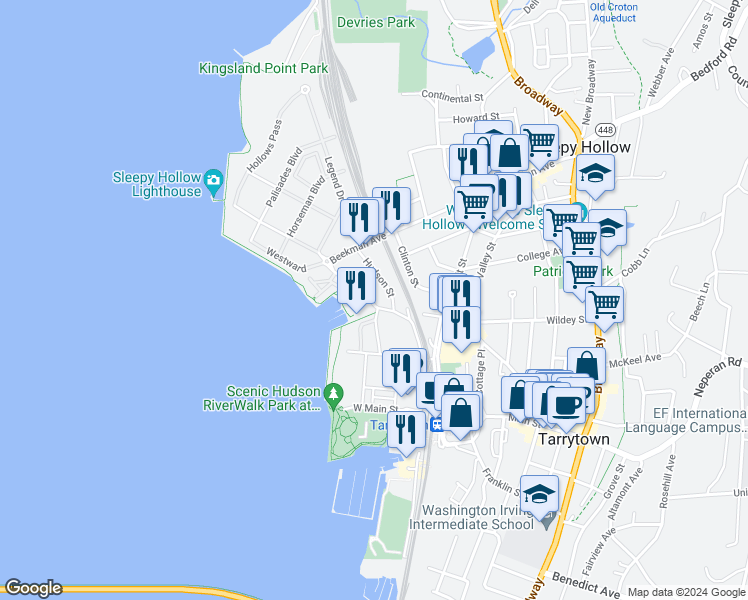 map of restaurants, bars, coffee shops, grocery stores, and more near 24 River Street in Sleepy Hollow