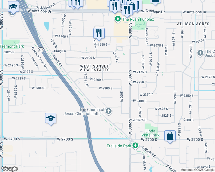map of restaurants, bars, coffee shops, grocery stores, and more near 2172 West 2300 South in Syracuse
