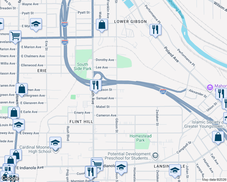 map of restaurants, bars, coffee shops, grocery stores, and more near 639 Dickson Street in Youngstown