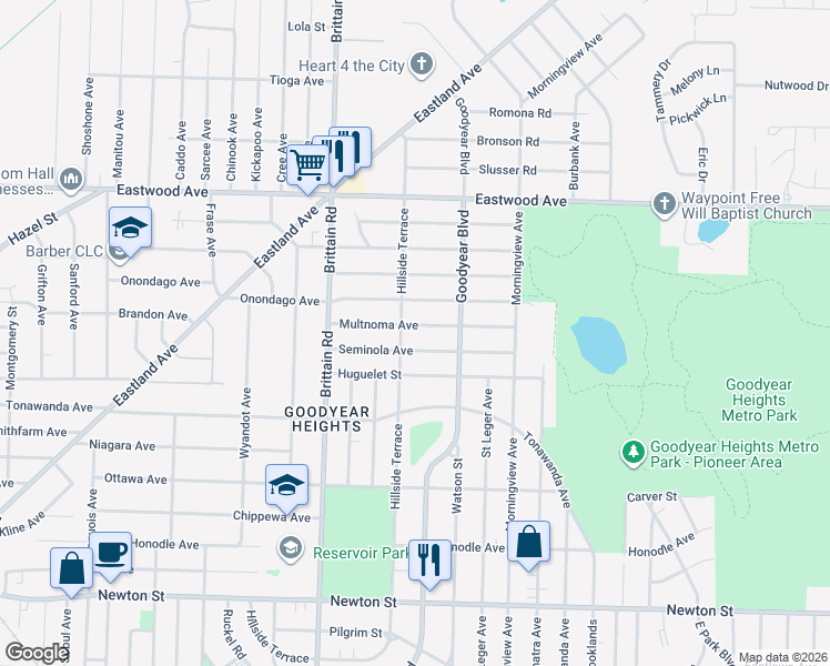 map of restaurants, bars, coffee shops, grocery stores, and more near 1539 Seminola Avenue in Akron