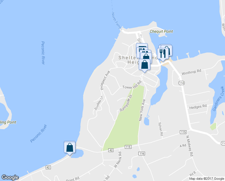 map of restaurants, bars, coffee shops, grocery stores, and more near 2 Bayview Avenue in Hampton Bays