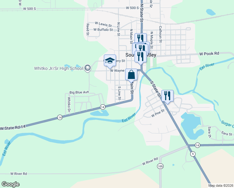 map of restaurants, bars, coffee shops, grocery stores, and more near 505 South Flint Street in South Whitley