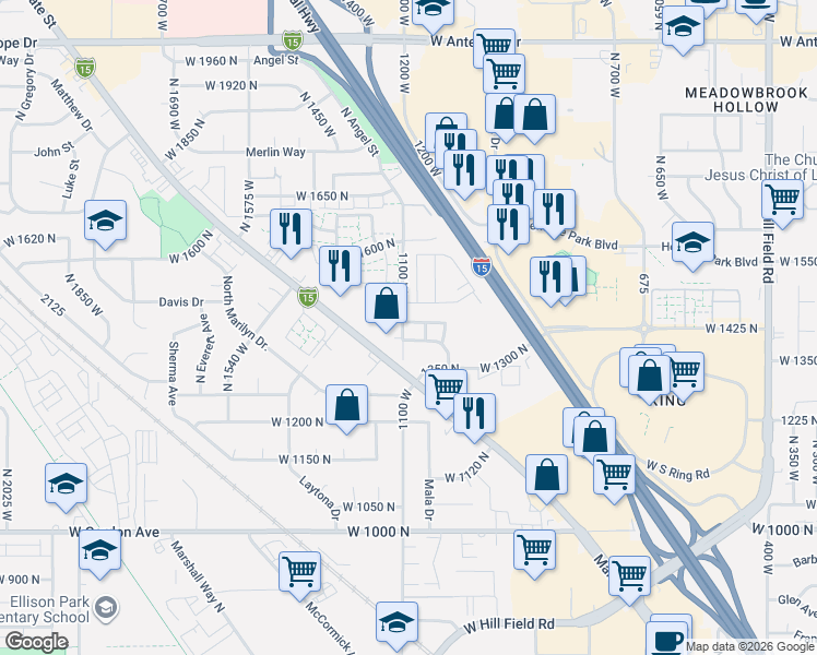 map of restaurants, bars, coffee shops, grocery stores, and more near 1187 Seraphim Court in Layton