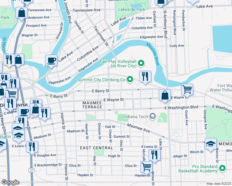 map of restaurants, bars, coffee shops, grocery stores, and more near 1208 East Berry Street in Fort Wayne