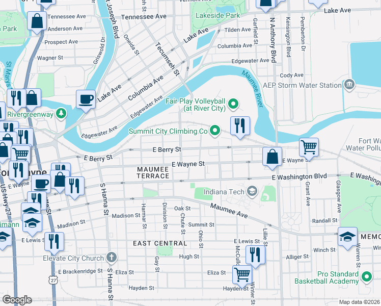 map of restaurants, bars, coffee shops, grocery stores, and more near 1208 East Berry Street in Fort Wayne