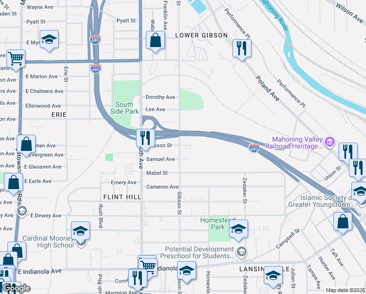 map of restaurants, bars, coffee shops, grocery stores, and more near 639 Dickson Street in Youngstown