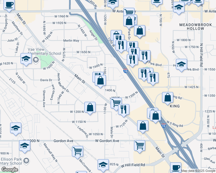 map of restaurants, bars, coffee shops, grocery stores, and more near 1175 Seraphim Court in Layton