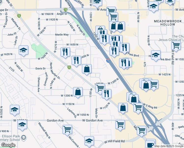 map of restaurants, bars, coffee shops, grocery stores, and more near 1187 Seraphim Court in Layton