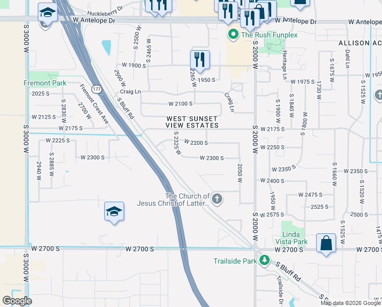 map of restaurants, bars, coffee shops, grocery stores, and more near 2248 West 2300 South in Syracuse