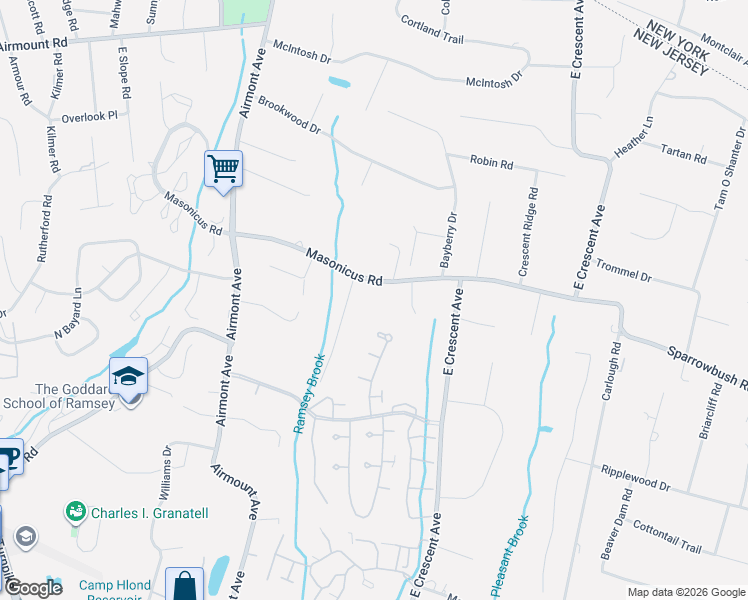 map of restaurants, bars, coffee shops, grocery stores, and more near 68 Masonicus Road in Mahwah