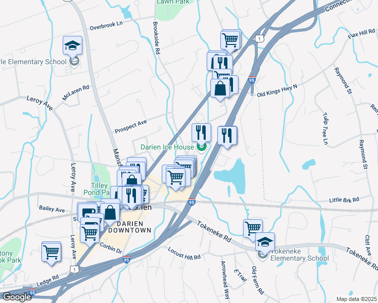 map of restaurants, bars, coffee shops, grocery stores, and more near 14 Pine Brook Lane in Darien