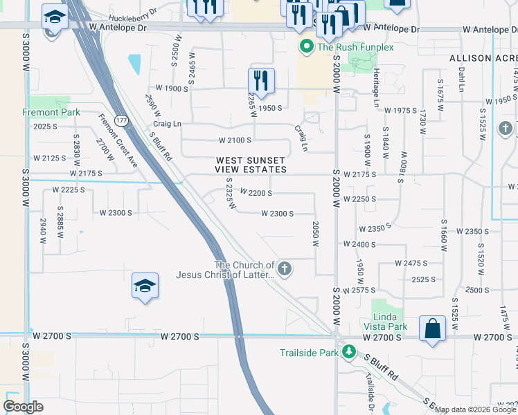 map of restaurants, bars, coffee shops, grocery stores, and more near 2248 West 2300 South in Syracuse