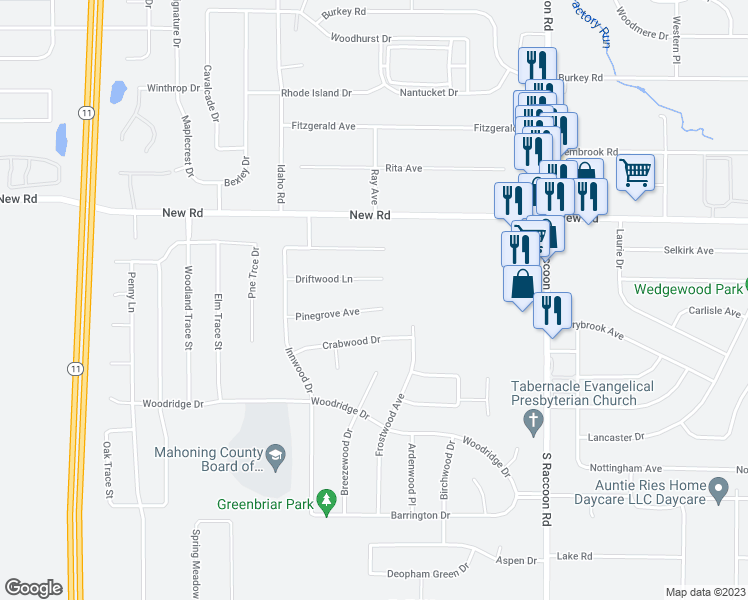map of restaurants, bars, coffee shops, grocery stores, and more near 4622 Pinegrove Avenue in Youngstown