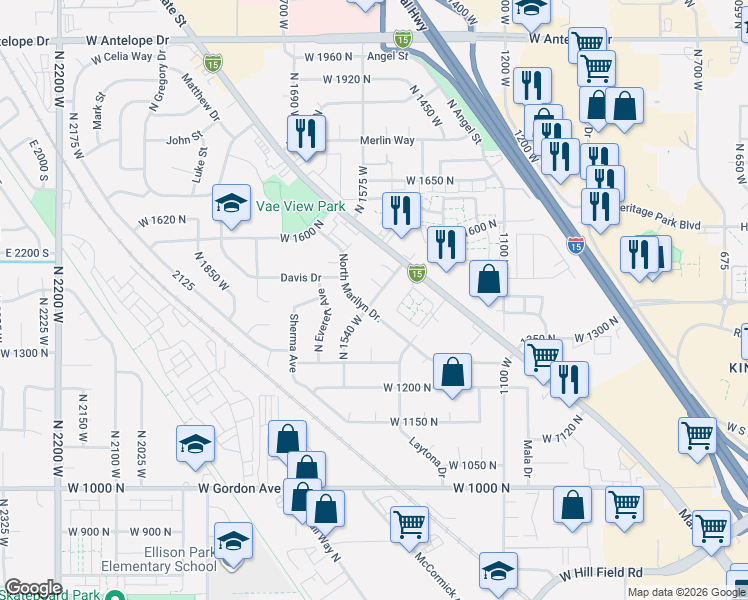 map of restaurants, bars, coffee shops, grocery stores, and more near in Layton