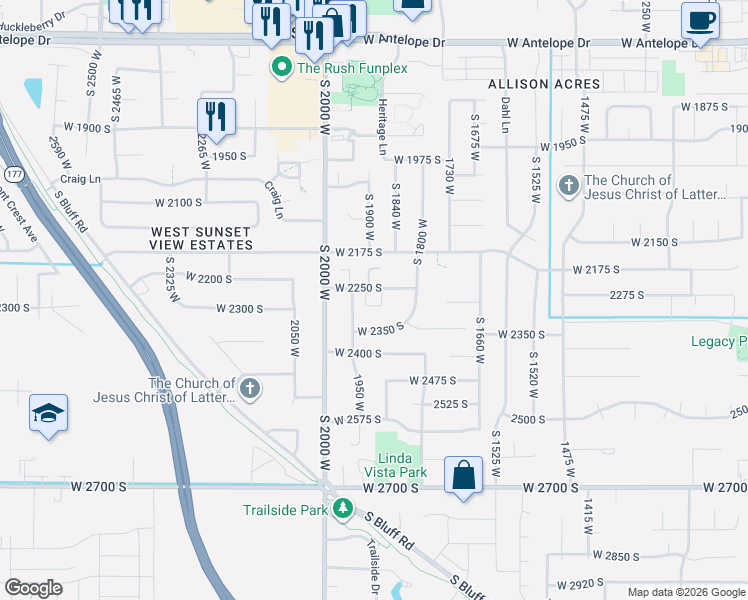 map of restaurants, bars, coffee shops, grocery stores, and more near 1835 West 2250 South in Syracuse