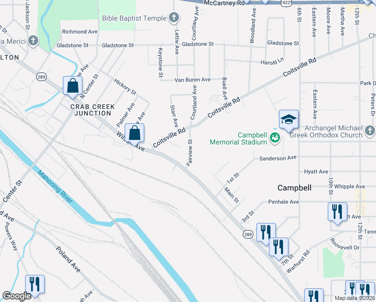map of restaurants, bars, coffee shops, grocery stores, and more near 38 Fairview Street in Campbell